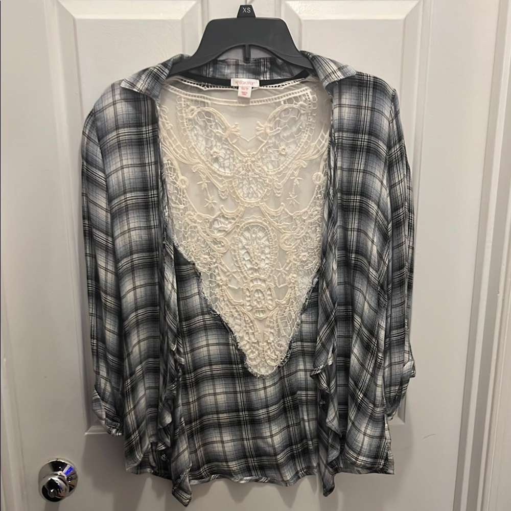Gray and Black 3/4 Sleeve Button Down Shirt with Cut Out and Relaxed Style